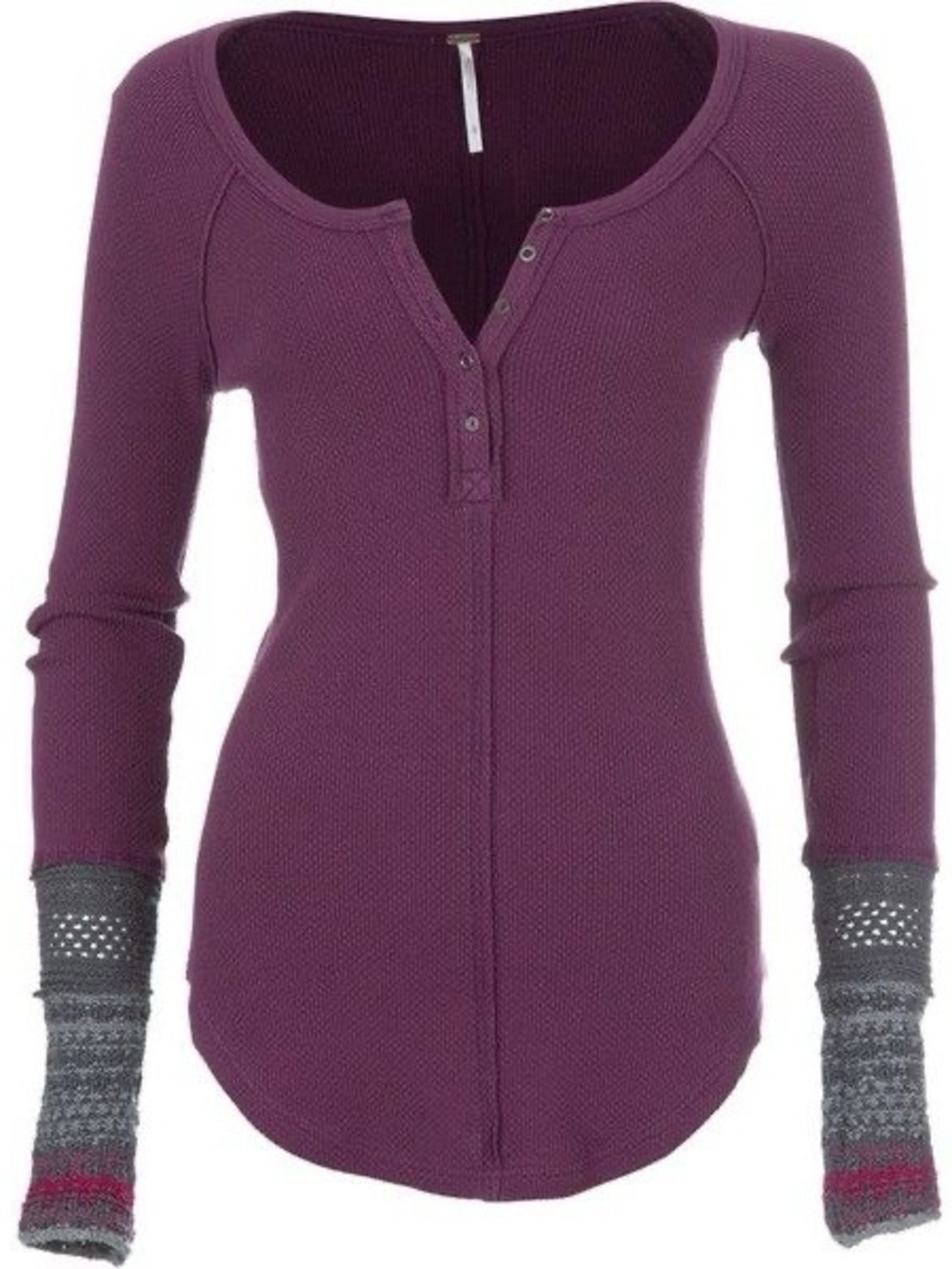 Free People Ski Lodge Thermal Henley w/ Knit Cuffed Sleeves Top